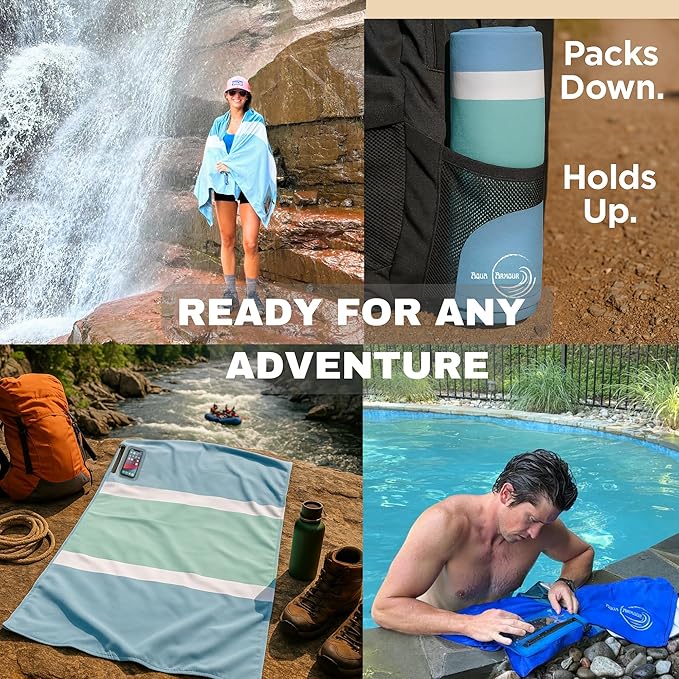 Go Anywhere Towel with Waterproof Phone Pouch - Quick Dry, Sand Free, Compact Beach Towel for Pool, Boat, Travel, Camping, Hiking & Outdoor Adventures (Gray)