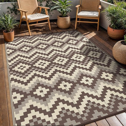 GENIMO Outdoor Rug Waterproof 6x9 ft, Lightweight Plastic Straw Rugs, Outside Reversible Area Mat Carpet for Patio, Camping, RV, Deck, Balcony, Porch, Backyard, Coffee & Beige