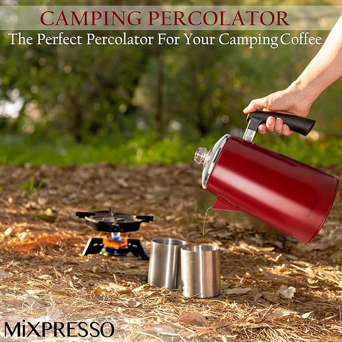 Mixpresso Red Stainless Steel Stovetop Coffee Percolator, 52 oz Classic Percolator Coffee Pot, Excellent As Camping Pot, 12 Cup Stainless Steel Camping Coffee Makers, Cool-Touch Handle.
