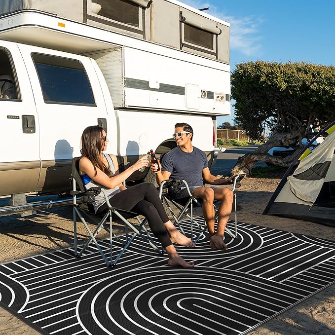 GENIMO Outdoor Rug 6'x9' Patio Waterproof, Lightweight Outdoor Plastic Straw Rug Clearance, Reversible Camping Mat Outdoor Carpet for RV, Picnic, Backyard, Deck, Balcony, Porch, Black & White