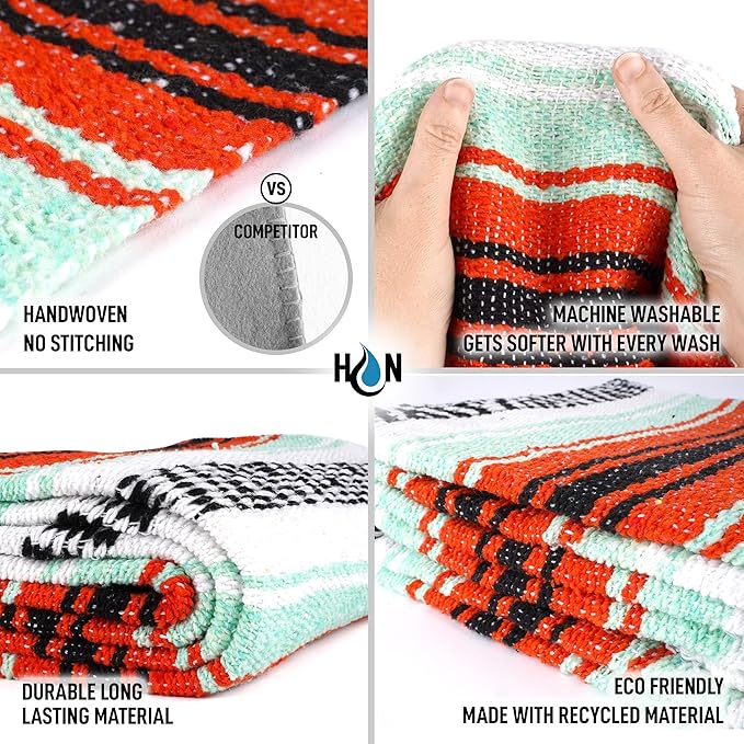 Authentic Extra Large Mexican Blanket (70"x50") - Handwoven Yoga Blanket, Serape Blanket - Artisanal Falsa Blanket, Beach Blanket, Camping Blanket, Picnic Blanket, Outdoor Blanket (Mint-Orange)