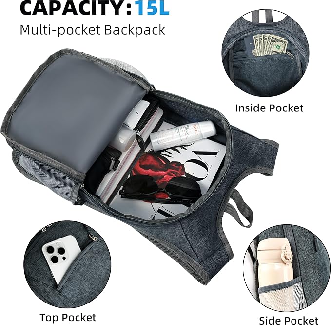 Hiking Backpack 15L Small Travel Backpack Lightweight Daypack Foldable Hiking Backpack Packable Camping Hiking Backpack for Women Men (Dark Grey)
