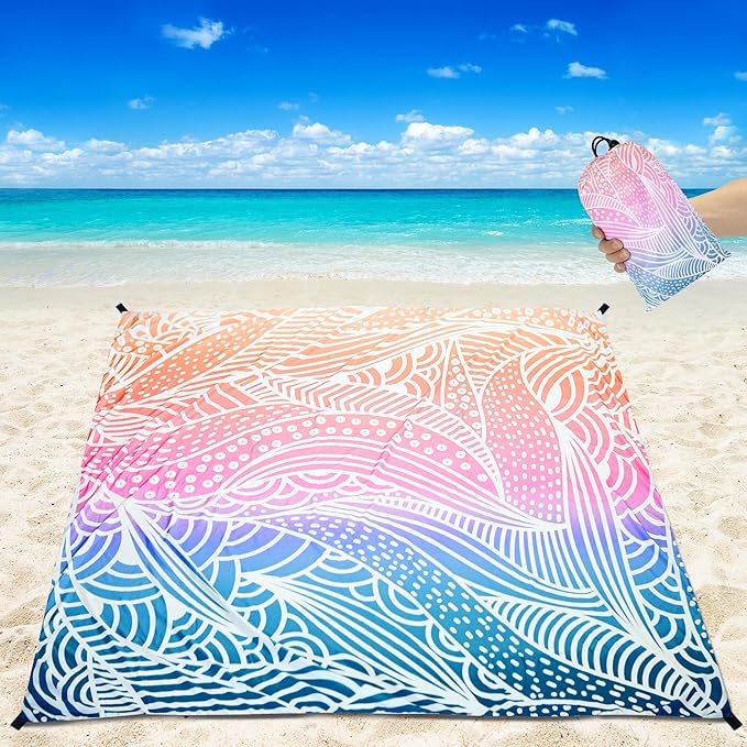 Beach Blanket Waterproof Sandproof Beach Mat 79”x 83” for 1-4 Adults Quick Drying Durable Outdoor Picnic Mat for Beach Festival Travel Camping Hiking (Gradiant-Ripple, 79"×83"(4 Person))