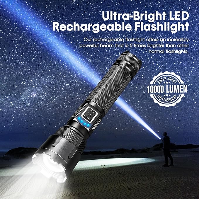 RECHOO Rechargeable Flashlights High Lumens, 10000 Lumens Tactical Flashlights, Super Bright LED Flashlight with 5 Mode & Zoomable, IP65 Waterproof Flash Light for Camping, Hiking, Emergency, Home