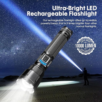 RECHOO Rechargeable Flashlights High Lumens, 10000 Lumens Tactical Flashlights, Super Bright LED Flashlight with 5 Mode & Zoomable, IP65 Waterproof Flash Light for Camping, Hiking, Emergency, Home