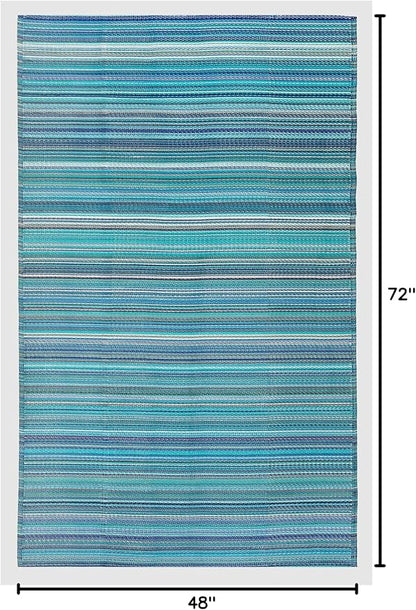 FH Home Outdoor Camping Rug - Waterproof, Fade Resistant, Reversible - Premium Recycled Plastic - Striped - Picnic, Patio, Deck, Sunroom, RV - Havana - Turquoise - 4 x 6 ft Foldable