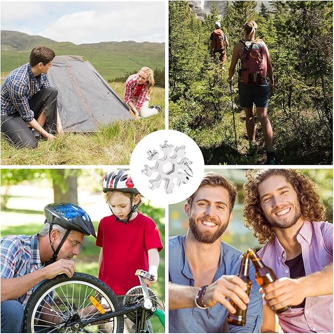 18-in-1 Snowflake Multi Tool, 4 Pack Stainless Steel Snowflake Bottle Opener/Flat Phillips Screwdriver Kit/Wrench, Durable and Portable to Take