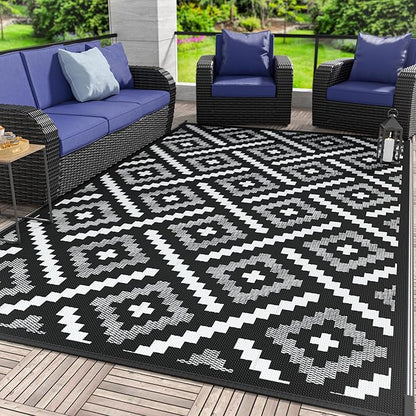 GENIMO Outdoor Rug for Patio Clearance, 6'x9' Waterproof Camping Mat, Reversible Plastic Straw Rugs for RV, Camper, Balcony, Backyard, Picnic, Deck (Mix Black White)
