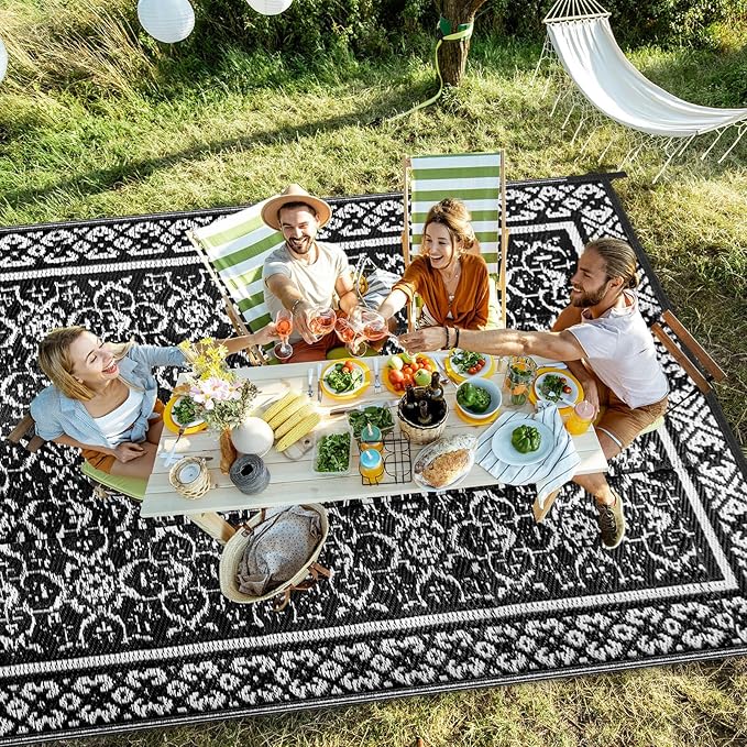 Outdoor Patio Plastic Straw Rug - 6'x9' Outdoor Camping Rug Waterproof Reversible, Area Carpet Patios Clearance RV, Outside Porch Balcony Deck for Camper, Classic Black & White