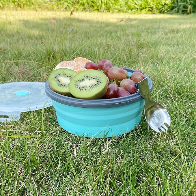 1200ml Collapsible Camping Bowl Silicone Food Storage Container with Lid and Foldable Stainless Steel Fork Spoon, for Picnic, Travel, Camping, RV, Fridge and Microwave Bowls