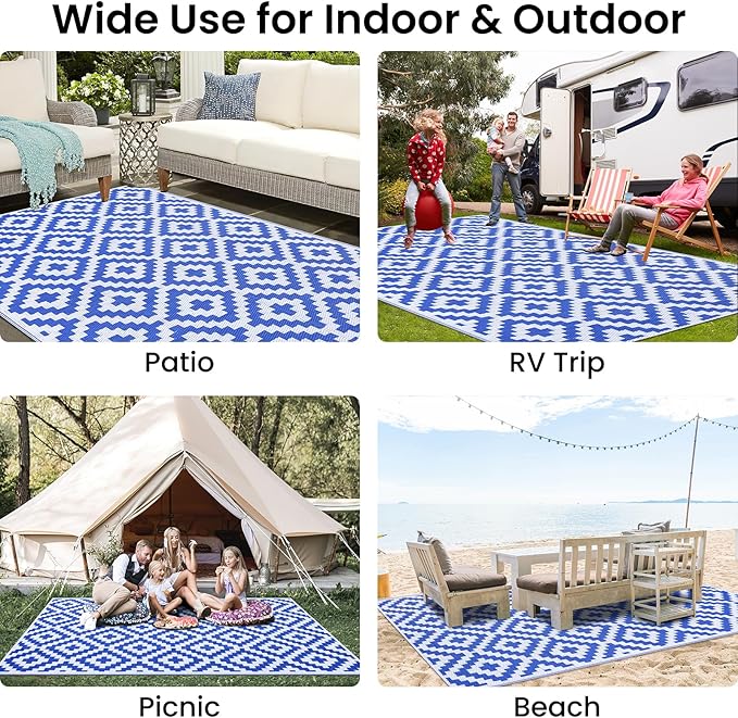 Smiry Waterproof Outdoor Rug 6x9 ft, Reversible Plastic Straw Patio Camping Rugs, Outdoor Indoor RV Mat Carpet for Patio, Outside Entry, Backyard, Deck, Bench, Picnic, Camper, White & Blue