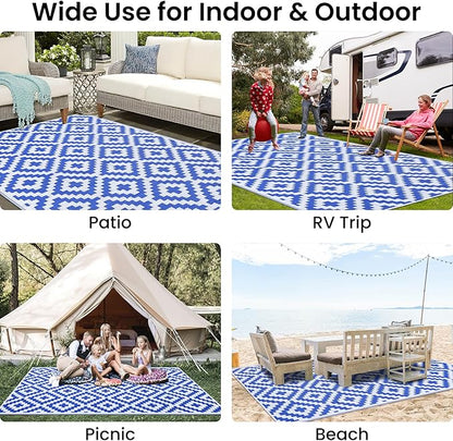 Smiry Waterproof Outdoor Rug 6x9 ft, Reversible Plastic Straw Patio Camping Rugs, Outdoor Indoor RV Mat Carpet for Patio, Outside Entry, Backyard, Deck, Bench, Picnic, Camper, White & Blue