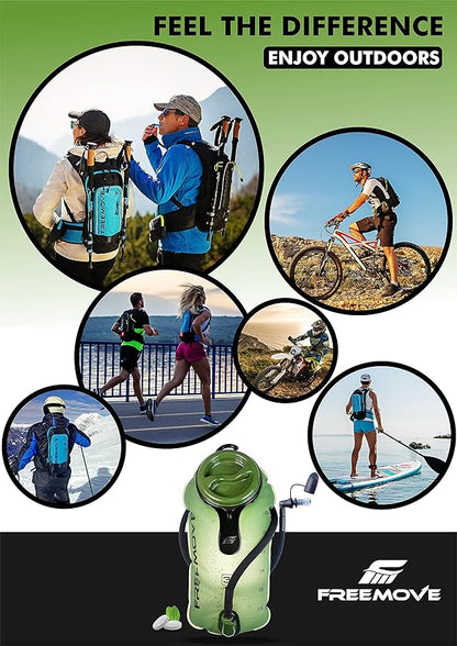 FREEMOVE Hydration Bladder 2L / 3L Water Bladder for Hiking Backpack >Blue or Green< Leak Proof Hydration Pack, Tasteless & BPA Free, TPU Water Reservoir, Quick Release Insulated Tube & Shutoff Valve