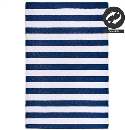 FH Home Outdoor Rug - Waterproof, Fade Resistant, Reversible - Premium Recycled Plastic - Striped - Large Patio, Deck, Sunroom, Camping, RV - Brittany Stripe - Blue & White Crease Free - 6 x 9 ft