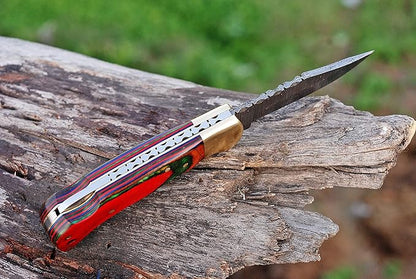 Handmade Damascus Steel Pocket Knife & Knife Sharpener - Damascus Folding Knife - Pocket Knife for Men, EDC Knife & Hunting Knife with Back Lock & Beautiful Pakka Wood Handle with Leather Knife Sheath