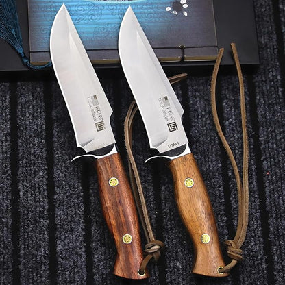 (USA 440C Steel Hunting Straight Knife + Sheath, 10.5 "Full Tang Fixed Blade, Yellow Pear Wood Handle, Outdoor, Camping and Survival, Men's, Women's cCamping Gift (WK01B)