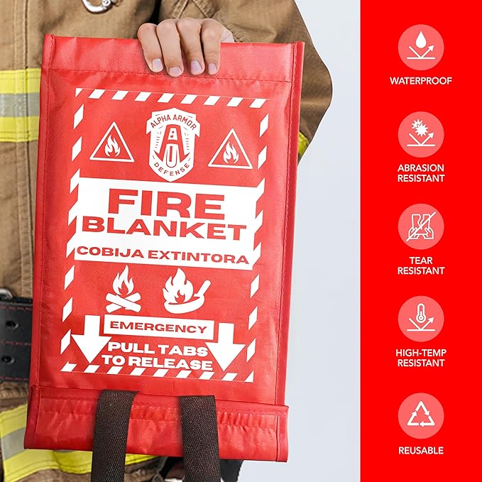 Fire Blanket: Home & Kitchen Fire Extinguisher, Emergency Fireproof Safety Blanket for Camping, Car, Office, 100% Fiberglass, Flame Retardant, Prepared Hero, Thermal, Kit (1 Pack)