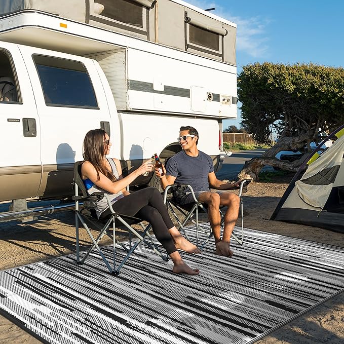 GENIMO Outdoor Rug for Patio Clearance, 5'x8' Waterproof Camping Mat, Reversible Plastic Straw Rugs for RV, Camper, Balcony, Backyard, Picnic, Deck (Black White)