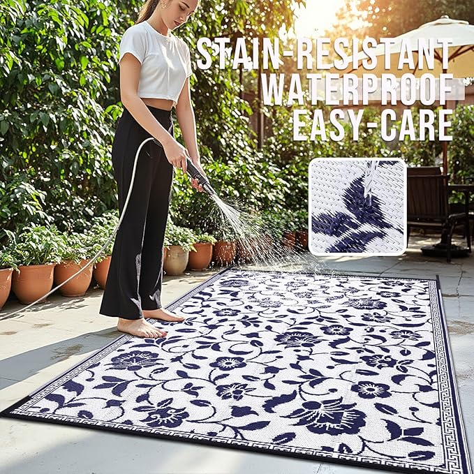 OLANLY Waterproof Outdoor Rug 8x10 ft, Outdoor Plastic Straw Rug with Flower Pattern, Reversible RV Mat for Patio, Camping, Balcony, Deck, Backyard, Navy & White