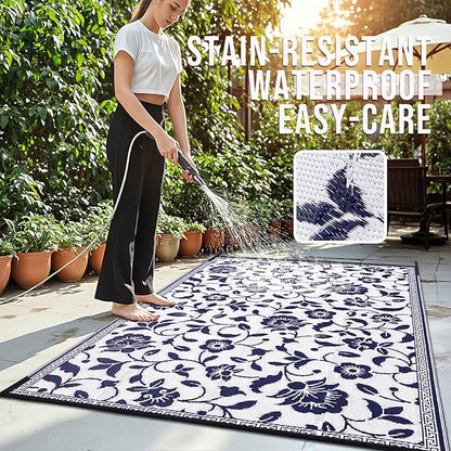 OLANLY Waterproof Outdoor Rug 8x10 ft, Outdoor Plastic Straw Rug with Flower Pattern, Reversible RV Mat for Patio, Camping, Balcony, Deck, Backyard, Navy & White