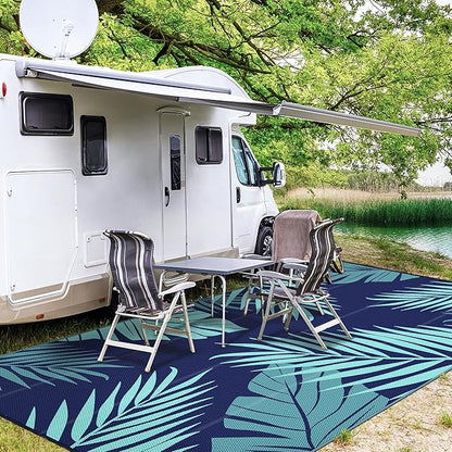 GENIMO Outdoor Rug 10' x 14' Waterproof for Patios Clearance, Reversible Outdoor Plastic Straw Camping Rug Carpet, Large Area Rugs Mats for RV, Camper, Deck, Balcony, Porch, Beach, Navyblue&Jadegreen