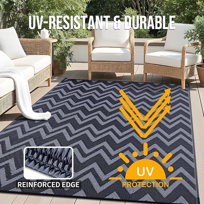 OLANLY Waterproof Outdoor Rug 6x9 ft Clearance, Reversible Outdoor Plastic Straw Rug, RV Mat, Indoor Outdoor Carpet for Patio, Camping, Balcony, Deck, Backyard, Black & Grey