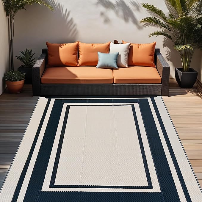 RURALITY Outdoor Rugs 5x8 Waterproof for Patios Clearance,Plastic Straw Mats for Backyard,Porch,Deck,Balcony,Reversible,Black and Beige