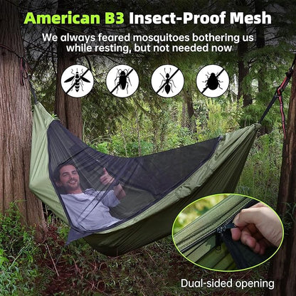 Camping Hammock with Mosquito Net, 2 Person Hammock Tent, Portable, Parachute Nylon for Indoor, Outdoor, Hiking, Backpacking, Backyard, Beach, Travel (Hold Up to 500lbs)