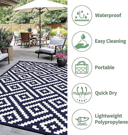 Outdoor Rug for Patio - Waterproof Plastic Straw Camping Rugs 9x12 ft, Reversible Outdoor Indoor RV Mat Carpet for Patio, Porch, Deck, Balcony, Picnic, Beach, Blue White