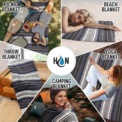 Authentic Large Handwoven Mexican Blanket - Soft Yoga Blanket - Durable Serape Blanket - Lightweight Falsa Blanket, Beach Blanket, Camping Blanket, Picnic Blanket, Outdoor Blanket 70"x50" - Blue Haze