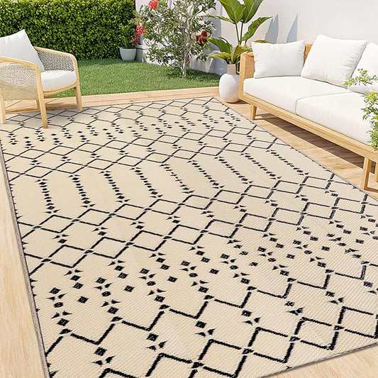 Smiry Outdoor Rug 6x9 ft, Waterproof Reversible Plastic Straw Rugs, Boho Outdoor Area Rug, Outside Floor Mat for Patio, Backyard, Deck, Picnic, Beach, Camping, Beige