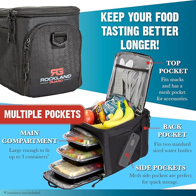 Insulated Lunch Bag for Men - Lunch Box for Women with Compartments for Meal Prep Containers, Bottles, Snacks, Extra Storage Pockets - Lunchbox for Work, Travel, Picnic, Camping - Black