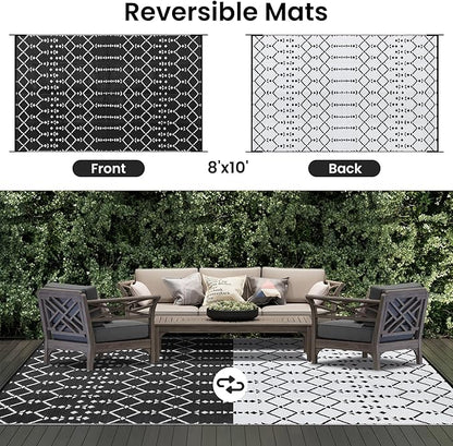 Smiry Outdoor Rug 8x10 ft, Waterproof Reversible Plastic Straw Rugs, Boho Outdoor Area Rug, Outside Floor Mat for Patio, Backyard, Deck, Picnic, Beach, Camping, Black