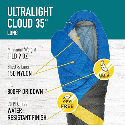 Sierra Designs Cloud 35 Degree DriDown Sleeping Bag Ultralight Zipperless Down Sleeping Bag for Backpacking and Camping