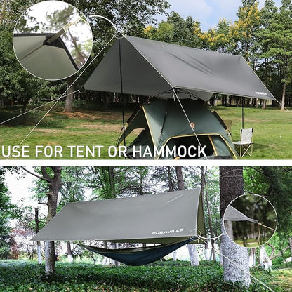 Puraville Rain Fly Camping Tarp 3000mm+ Ultra Waterproof Resistant Sun Shade Lightweight Hammock Tent Tarp with Multifunctional Camping Accessories (10X10 ft Grey)