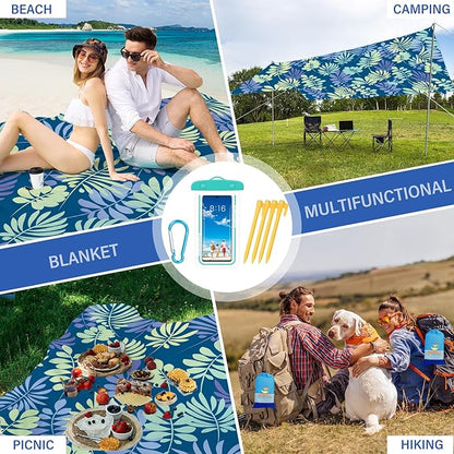 BYDOLL Beach Blanket Sandproof Waterproof Leaves 78''×81''1-4 Adults Compact Lightweight Oversized Beach Blanket Large Picnic Mat Blanket for Travel Camping Hiking Picnic