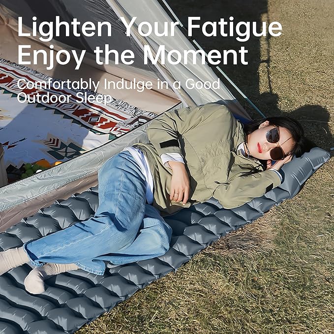 Sleeping Pad Backpacking, Self Inflating Sleeping Pads for Camping Ultra Lightweight, Air Inflatable Folding Camp Hiking Single Thick Sleep Mat with Pillow Foot Pump for Adult Camper Outdoor Tent