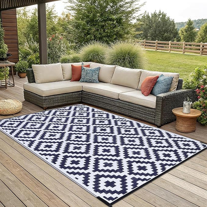 Smiry Waterproof Outdoor Rug 6x9 ft, Reversible Plastic Straw Patio Camping Rugs, Outdoor Indoor RV Mat Carpet for Patio, Outside Entry, Backyard, Deck, Bench, Picnic, Camper, White & Navy
