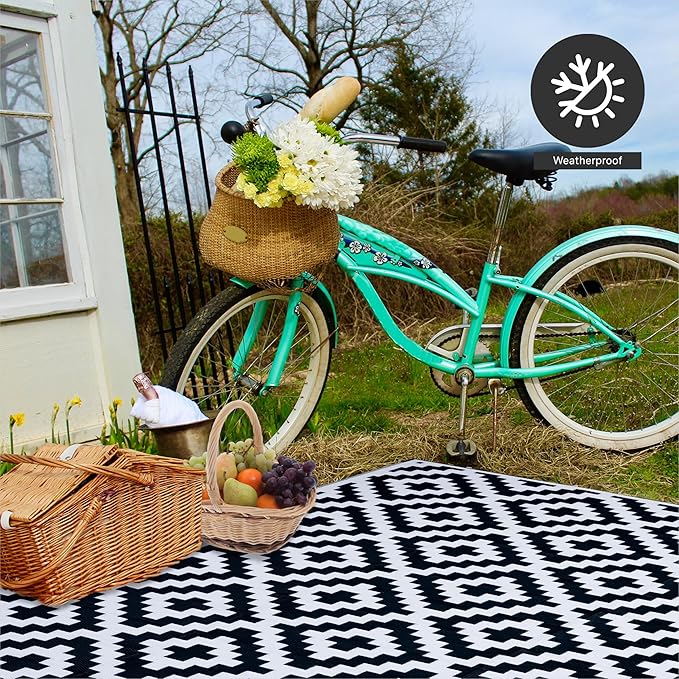 FH Home Outdoor Camping Rug - Waterproof, Fade Resistant, Reversible - Premium Recycled Plastic - Geometric - Patio, Deck, Sunroom, RV - Aztec - Black & White - 5 x 8 ft Foldable