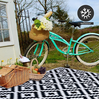 FH Home Outdoor Camping Rug - Waterproof, Fade Resistant, Reversible - Premium Recycled Plastic - Geometric - Patio, Deck, Sunroom, RV - Aztec - Black & White - 5 x 8 ft Foldable