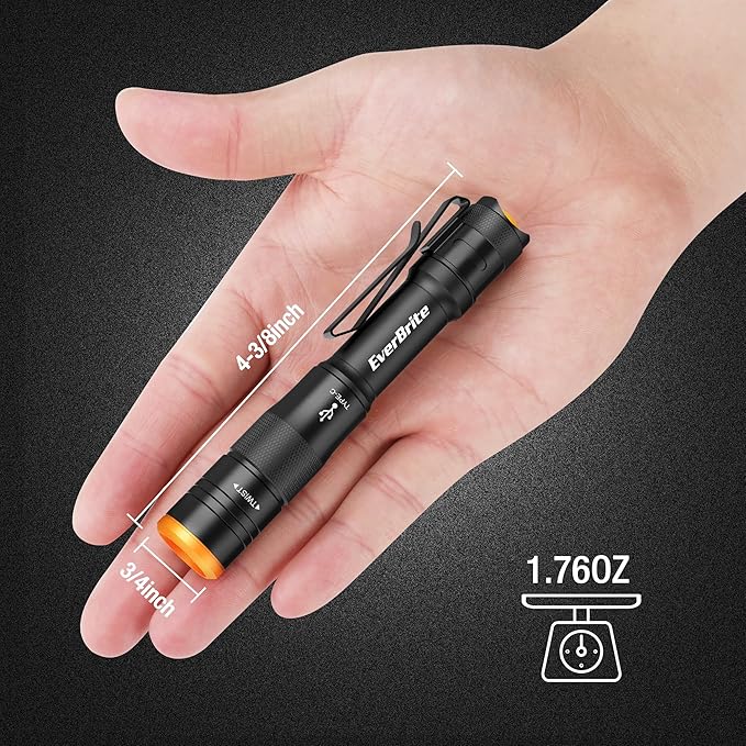 EverBrite Mini Pen Light, Rechargeable Pocket Pen Flashlight with USB C Cable, 4 Light Modes, 300 Lumens Small Flashlight with Clip for Inspection, Repair, Outdoors, Emergency, Black