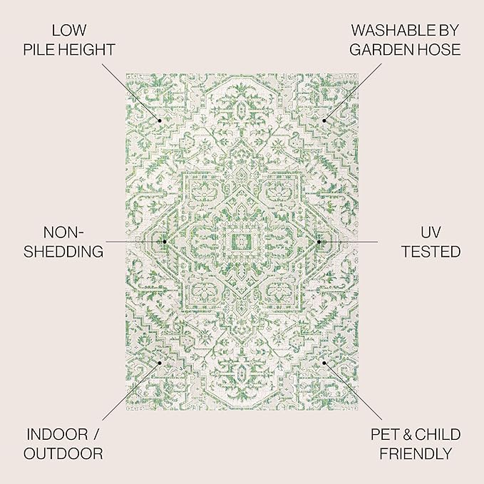 JONATHAN Y SMB105G-5 Estrella Bohemian Medallion Textured Weave Indoor Outdoor Area-Rug, Coastal Traditional Easy-Cleaning,Bedroom,Kitchen,Backyard,Patio,Non Shedding, 5 X 8, Green/Cream