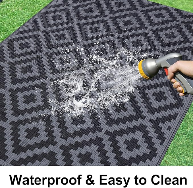 Smiry Waterproof Outdoor Rug 6x9 ft, Reversible Plastic Straw Patio Camping Rugs, Outdoor Indoor RV Mat Carpet for Patio, Outside Entry, Backyard, Deck, Bench, Picnic, Camper, Black & Grey