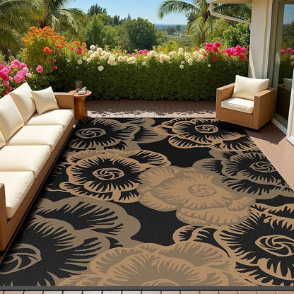 MontVoo Outdoor Rug 8x10 Waterproof Patio Rug-Outdoor Carpet Mat Reversible Plastic Straw Outside Outdoor Rug for RV Camping Picnic Beach Balcony Backyard Pool Deck Farmhouse Floral Black Brown