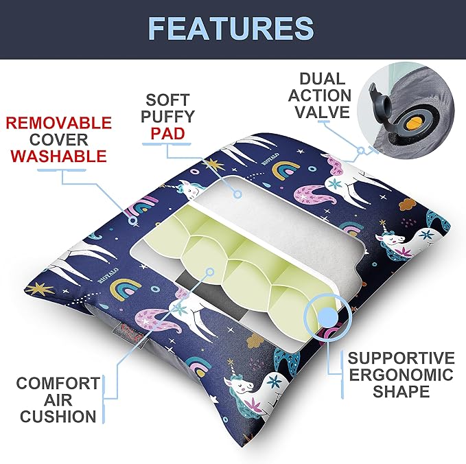 Girls Inflatable Camping Pillow Lite Kids w. Removable X-Form Padded Cover | Unicorn Rainbow | Comfort, Washable, Compact, Ultralight, Packable | Backpacking Hiking Travel Air Sleepover Scout