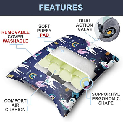 Girls Inflatable Camping Pillow Lite Kids w. Removable X-Form Padded Cover | Unicorn Rainbow | Comfort, Washable, Compact, Ultralight, Packable | Backpacking Hiking Travel Air Sleepover Scout