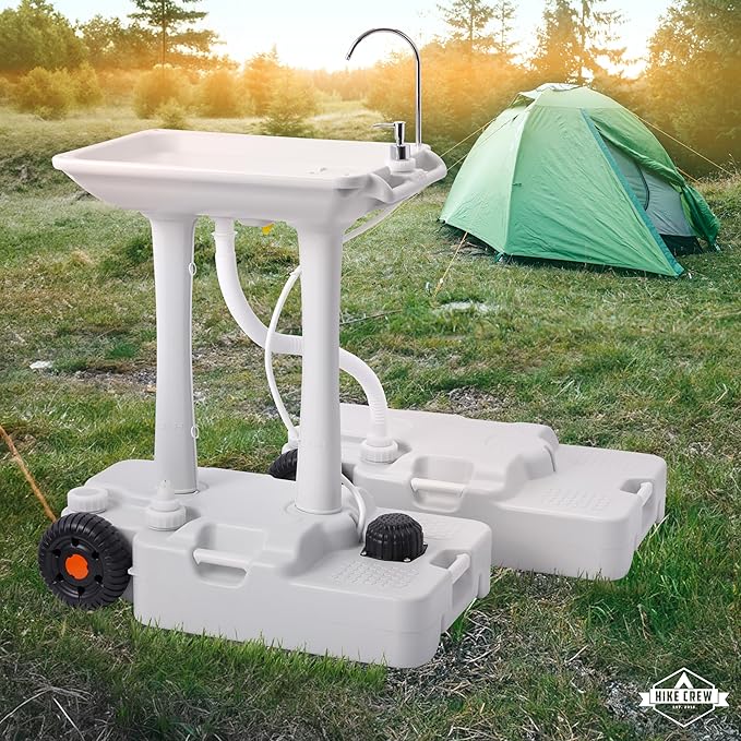 Hike Crew XL Portable Camping Sink & Waste Tank | Extra Large Hand Washing Station with 8 Gal Capacity, Hands-Free Foot Pump, Faucet, Soap Dispenser & Towel Rack | Includes 10 Gal Travel Waste Tank