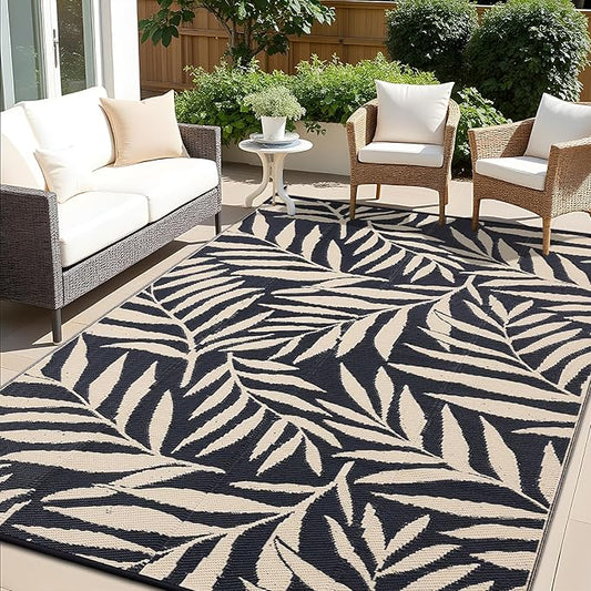 OLANLY Waterproof Outdoor Rug 9x12 ft, Reversible Outdoor Plastic Straw Rug with Leaf Pattern, RV Mat, Indoor Outdoor Carpet for Patio, Camping, Balcony, Deck, Backyard, Black & Beige