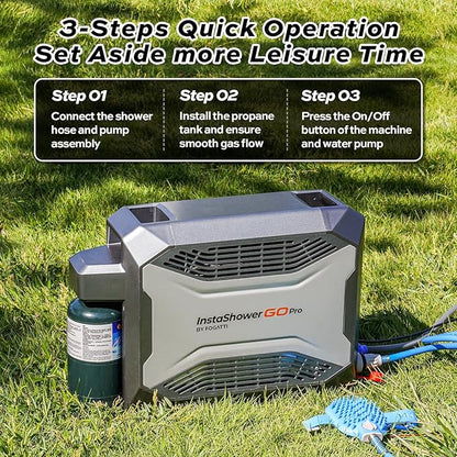 FOGATTI Portable Gas Water Heater, InstaShower GO Pro, Propane, 22,000 Highest BTU, with 5000mAh Rechargeable Built-in Battery, DC 12V, Outdoor Camping Shower with Tip-Over Protection, Safety Shutoff