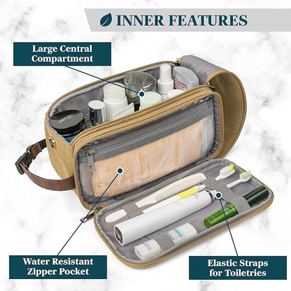 PAVILIA Toiletry Bag for Men, Canvas Travel Dopp Kit, Water Resistant Hygiene Bag Toiletries Organizer, Shaving Kit Travel Accessories Bag, Tan Khaki